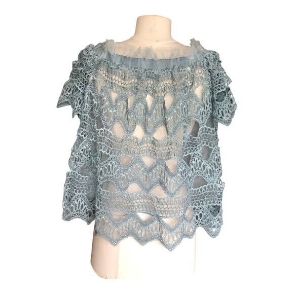 POL Muted Teal Off The Shoulder Crochet Lined Top Small Flirty Feminine NWOT - Picture 5 of 10